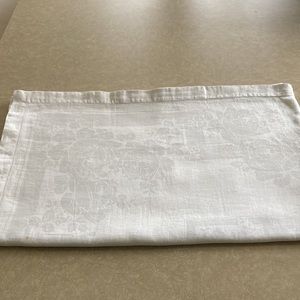 Vintage white on white rose pattern tablecloth, approx. 42” W x 74” L